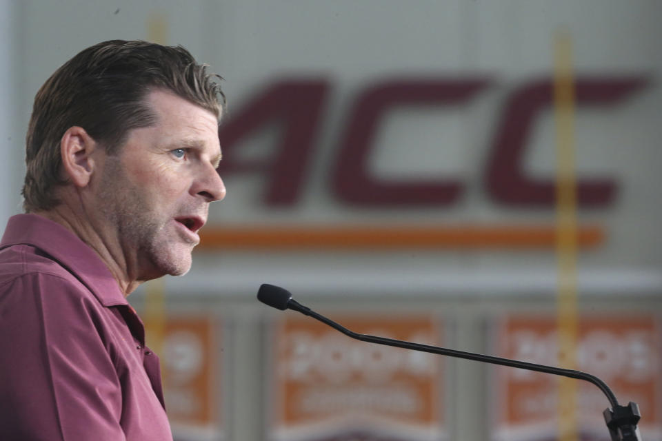 Virginia Tech head coach Brent Pry talks about his team and the upcoming season during Media Day in the Beamer-Lawson Indoor Practice Facility in Blacksburg, Va., Wednesday, Aug. 10, 2022. (Matt Gentry/The Roanoke Times via AP)