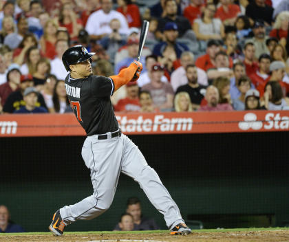 Giancarlo Stanton hit a three-run home run during the fourth inning against the Angels. (USA Today)