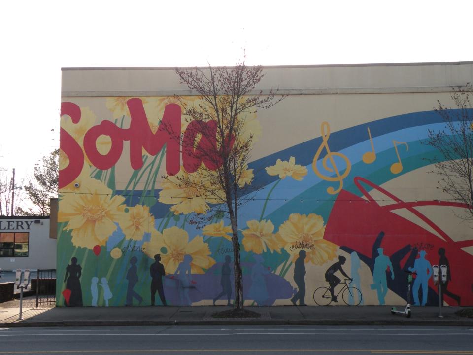 A wall mural by Shannon Wallace Norman in the South Main district welcomes people to the trendy neighborhood. Dozens of murals sprinkled throughout Little Rock, Ark., promote the city’s thriving art scene.