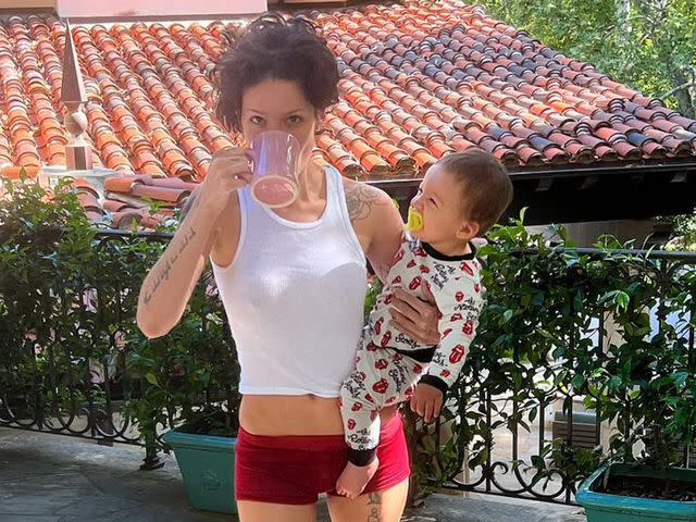 <p>Halsey Instagram </p> Halsey holding son Ender