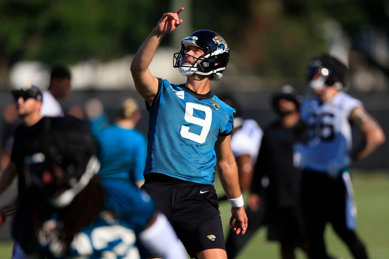 Jacksonville Jaguars punter Logan Cooke (9) follows his punt Wednesday, July 26, 2023 at Miller Electric Center at EverBank Stadium in Jacksonville, Fla. Today marked the first day of training camp for the Jacksonville Jaguars. 