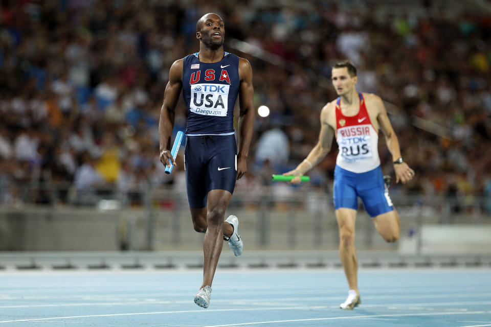 DAEGU, SOUTH KOREA - SEPTEMBER 02: LaShawn Merritt of the USA crosses the finish line to claim victory in the men's 4x400 metres relay final during day seven of 13th IAAF World Athletics Championships at Daegu Stadium on September 2, 2011 in Daegu, South Korea. (Photo by Ian Walton/Getty Images)