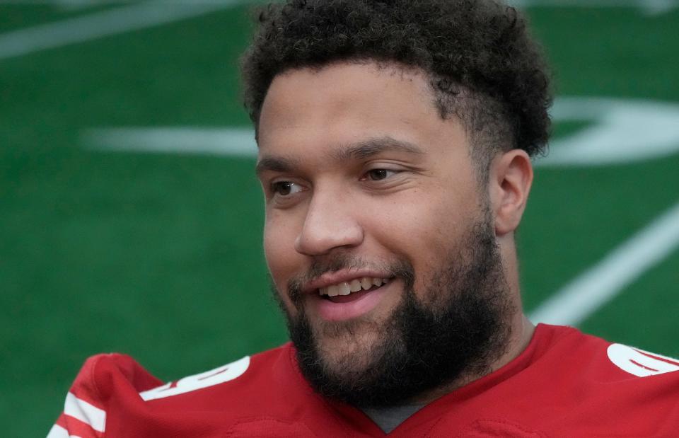 Wisconsin Badgers defensive end Isaiah Mullens (99) answers questions during Wisconsin Badgers football media day at Camp Randall Stadium in Madison on Tuesday, Aug. 1, 2023.  -  Mike De Sisti / The Milwaukee Journal Sentinel