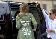<p>While boarding a flight to the Texas border near Mexico, the First Lady wore a green hooded jacket that featured graffiti on the back which read “I really don’t care, do u?” Unsurprisingly, the £30 Zara jacket caused global disbelief on social media. <em>[Photo: AP]</em> </p>