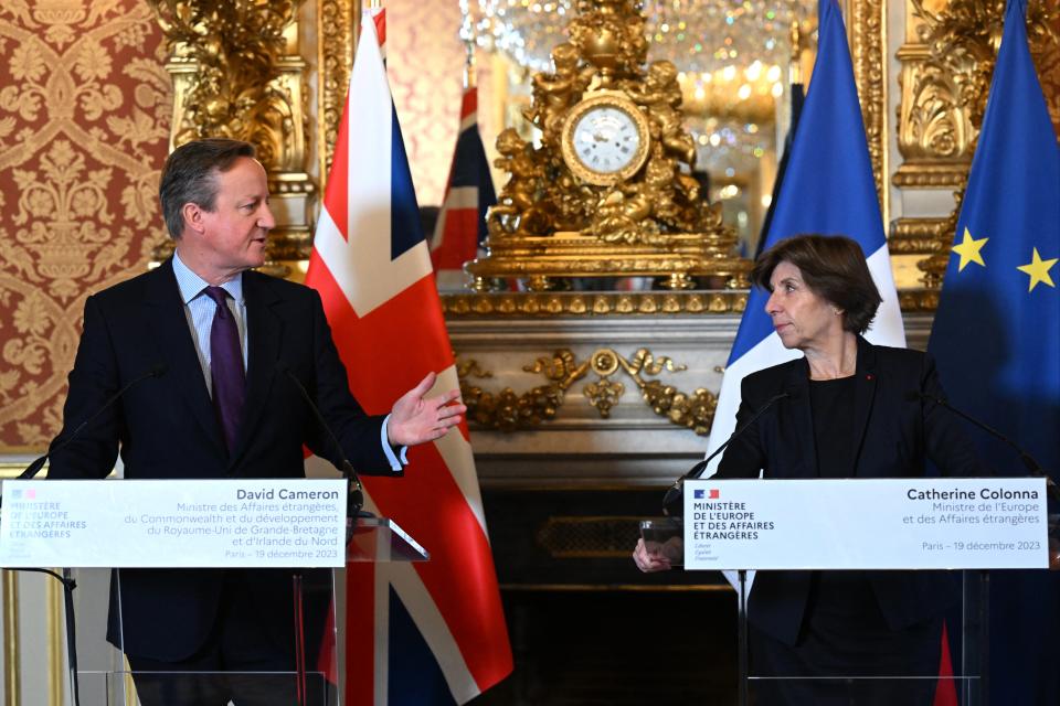 rench Foreign and European Affairs Minister Catherine Colonna (R) holds a joint press conference with British Minister David Cameron in Paris (AFP via Getty Images)