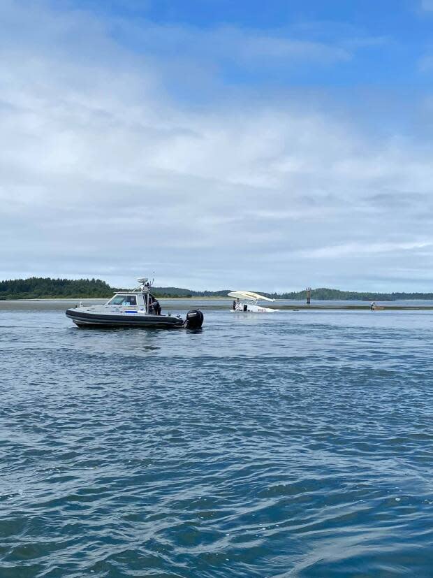 An Atleo River Air float plane flipped during takeoff on Monday July 26, 2021. The five people on board were not seriously injured. (Lacey Adams/Facebook - image credit)