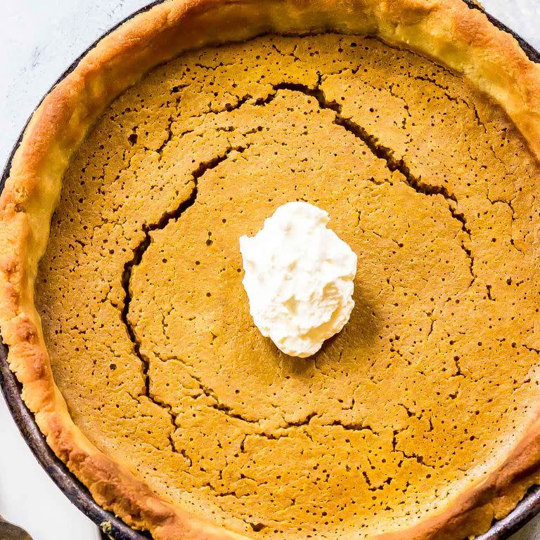 <p>A classic for Thanksgiving, this pumpkin pie from <a href="https://www.castironketo.net/blog/keto-pumpkin-pie?rq=thanksgiving" rel="nofollow noopener" target="_blank" data-ylk="slk:Cast Iron Keto;elm:context_link;itc:0;sec:content-canvas" class="link ">Cast Iron Keto</a> is creamy in the center but flaky on the outside, making it the perfect dessert this holiday. It even has a bit of protein—12.1 grams—so you won’t feel like grabbing a second slice.</p>