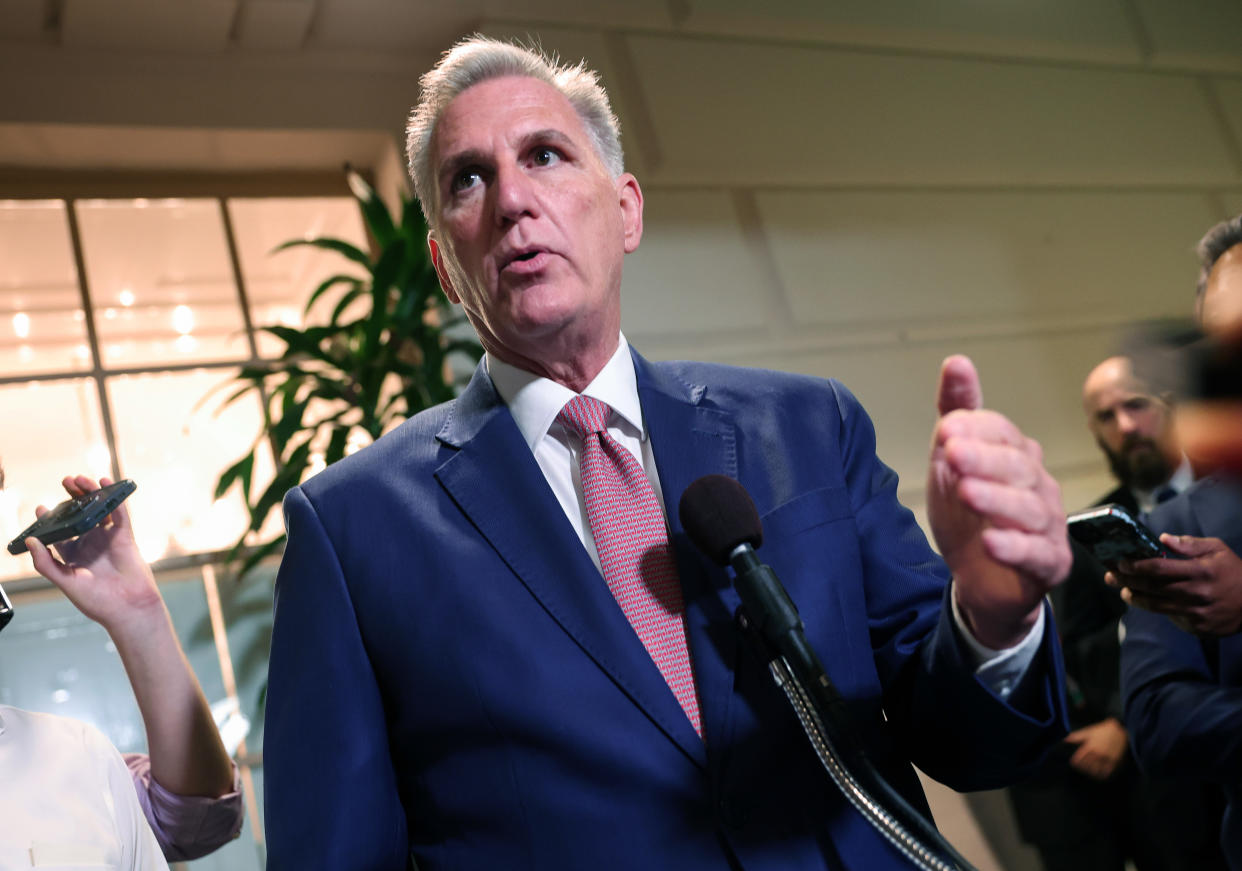 WASHINGTON, DC - SEPTEMBER 14: U.S. Speaker of the House Kevin McCarthy (R-CA) speaks to reporters as he leaves a House Republican caucus meeting at the U.S. Capitol on September 14, 2023 in Washington, DC. In a contentious meeting that was scheduled to be on the Biden impeachment McCarthy outlined his plans to pass a spending bill while fending off threats from members of his own party to remove him with a “motion to vacate.