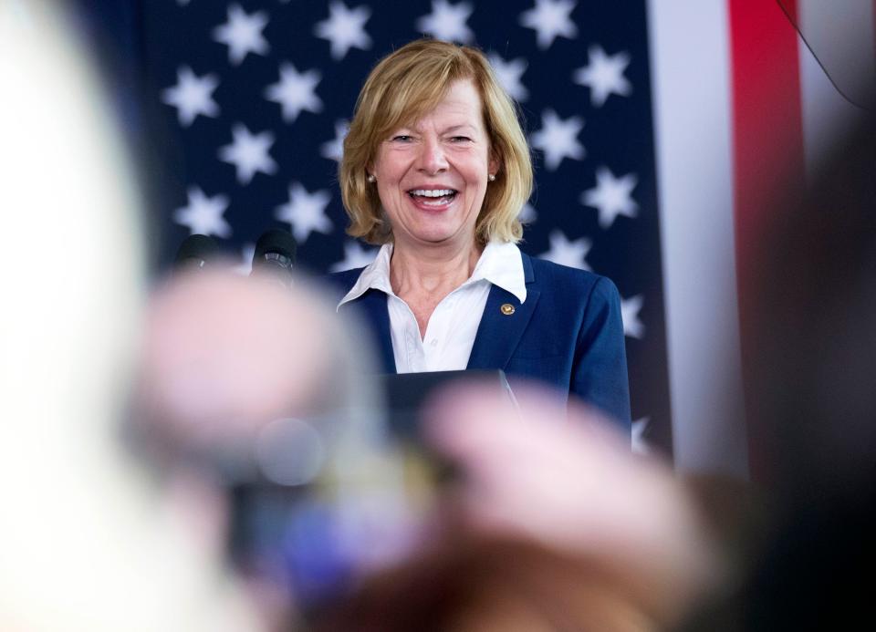 Wisconsin Sen. Tammy Baldwin speaks before President Joe Biden spoke at the Yellowjacket Union on the University of Wisconsin-Superior campus in Superior on March 2, 2022. Biden’s visit detailed the passage of a bipartisan $1 trillion infrastructure law to improve the state's roads, bridges and job market. Baldwin has voted with President Joe Biden's position 94.1% of the time.