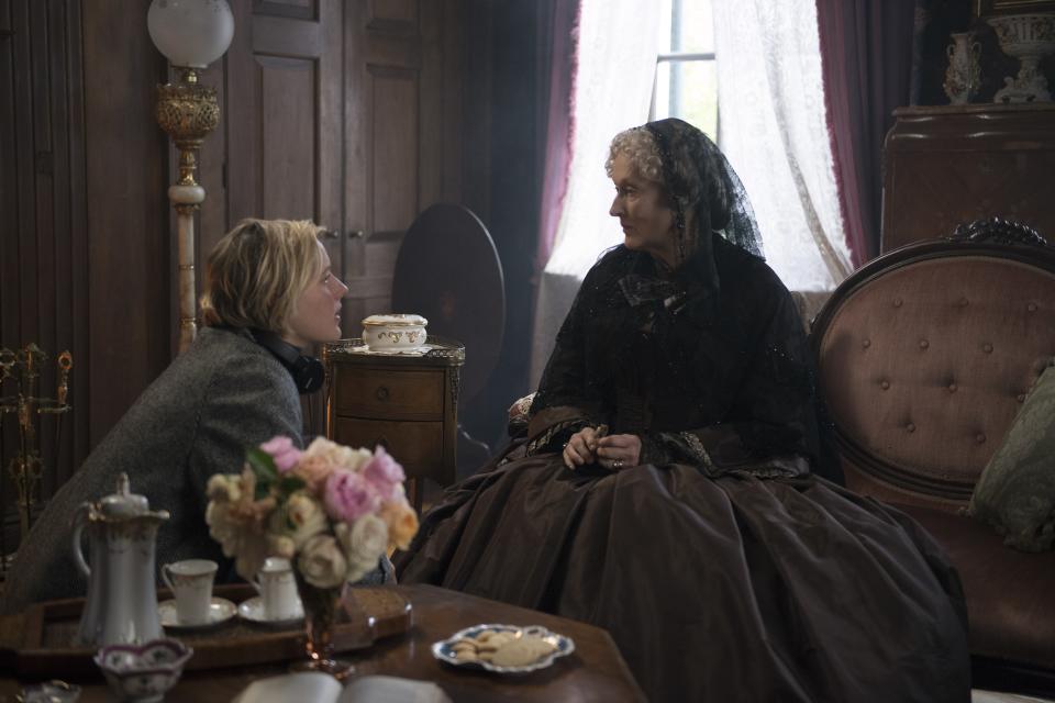 Greta Gerwig, the writer and director, on set with Meryl Streep, who plays the sisters’ rich Aunt Josephine.