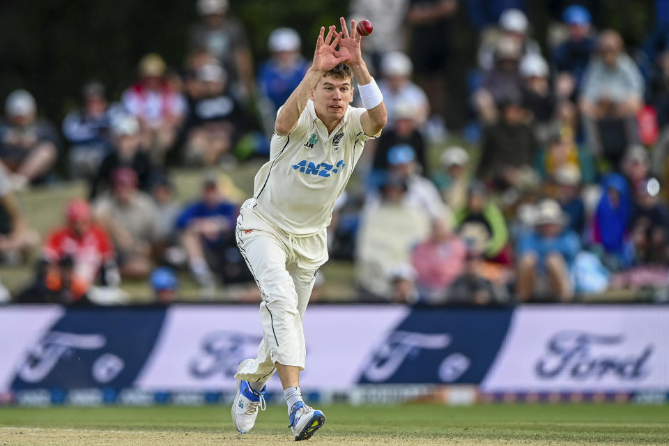 New Zealand's Ben Sears fields the ball on day three of the second cricket test between New Zealand and Australia in Christchurch, New Zealand, Sunday, March 10, 2024. (John Davidson/Photosport via AP)