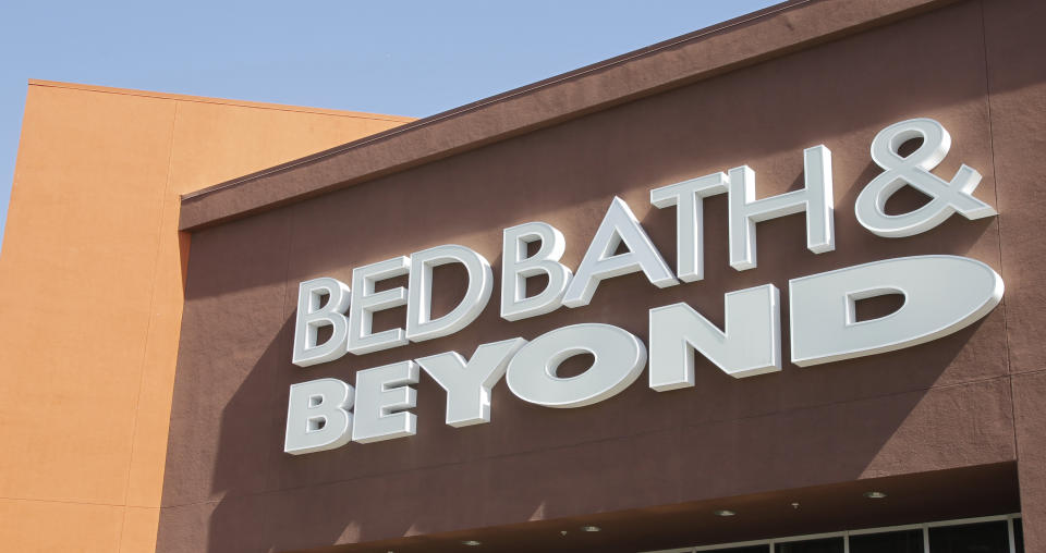 FILE - A Bed Bath & Beyond sign is displayed, May 9, 2012, in Mountain View, Calif. Overstock.com is dumping its name online and becoming Bed Bath & Beyond. The news, announced Wednesday, June 28, 2023, comes as a federal bankruptcy court approved the online retailer’s bid to buy the bankrupt retailer’s intellectual property assets for $21.5 million. (AP Photo/Paul Sakuma, File)
