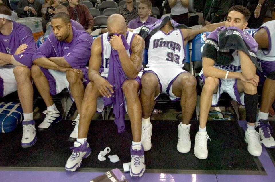 Kenny Thomas, Bonzi Wells, Ron Artest and Kevin Martin sit on the bench in the closing minutes of Game 6 of the first round of Western Conference playoff series between the Sacramento Kings and San Antonio Spurs at Arco Arena on May 5, 2006 – the team’s most recent playoff game.