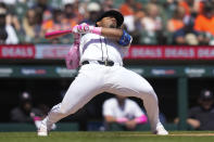Detroit Tigers' Andy Ibáñez avoids a Houston Astros pitcher Justin Verlander inside pitch in the fifth inning of a baseball game, Sunday, May 12, 2024, in Detroit. (AP Photo/Paul Sancya)