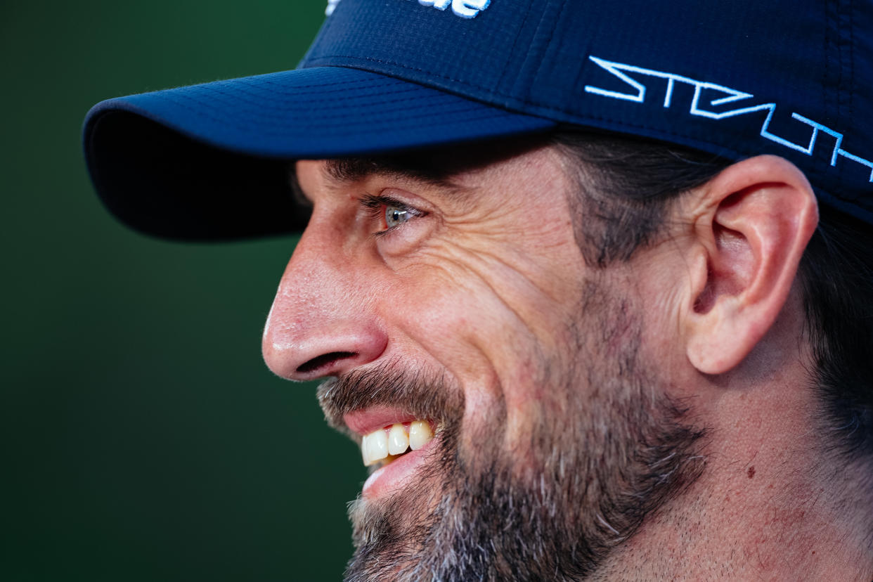 LAS VEGAS, NEVADA - JUNE 01: Aaron Rodgers reacts during Capital One's The Match VI - Brady & Rodgers v Allen & Mahomes at Wynn Golf Club on June 01, 2022 in Las Vegas, Nevada. (Photo by Carmen Mandato/Getty Images for The Match)