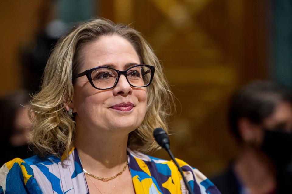 WASHINGTON, DC - OCTOBER 19: U.S. Sen. Kyrsten Sinema (D-AZ) speaks during a United States Senate Committee on Finance hearing to consider Chris Magnus's nomination to be Commissioner of U.S. Customs and Border Protection on October 19, 2021 in Washington, DC. The hearing for Magnus’s confirmation comes after it was delayed for several months by Chairman Sen. Ron Wyden (D-OR), who called on the Department of Homeland Security to release documents related to the involvement of DHS in the street protests in Portland, Oregon. (Photo by Rod Lamkey-Pool/Getty Images) ORG XMIT: 775726163 ORIG FILE ID: 1235979395