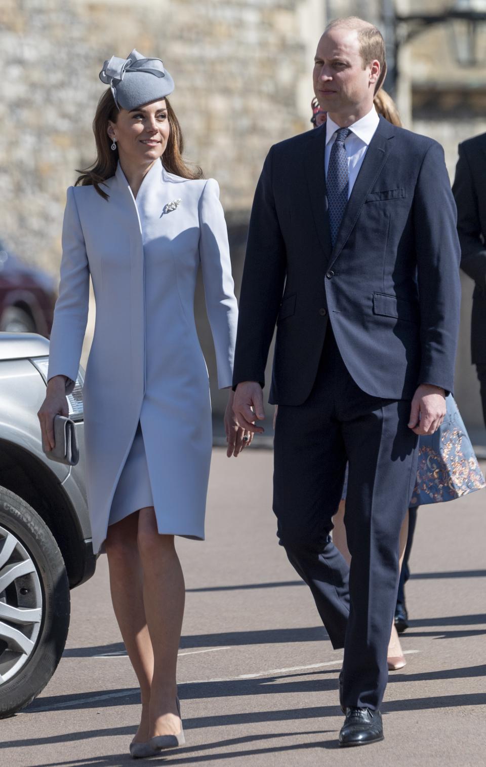 WINDSOR, ENGLAND - APRIL 21: Prince William, Duke of Cambridge and Catherine, Duchess of Cambridge attend Easter Sunday service at St George's Chapel on April 21, 2019 in Windsor, England. (Photo by Mark Cuthbert/UK Press via Getty Images)