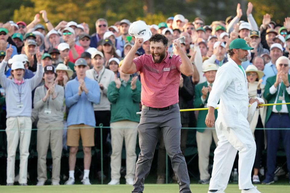 Jon Rahm reacts after making his final putt to win the 2023 Masters Tournament by four shots. Rahm finished at 12-under-par 276 for the event.