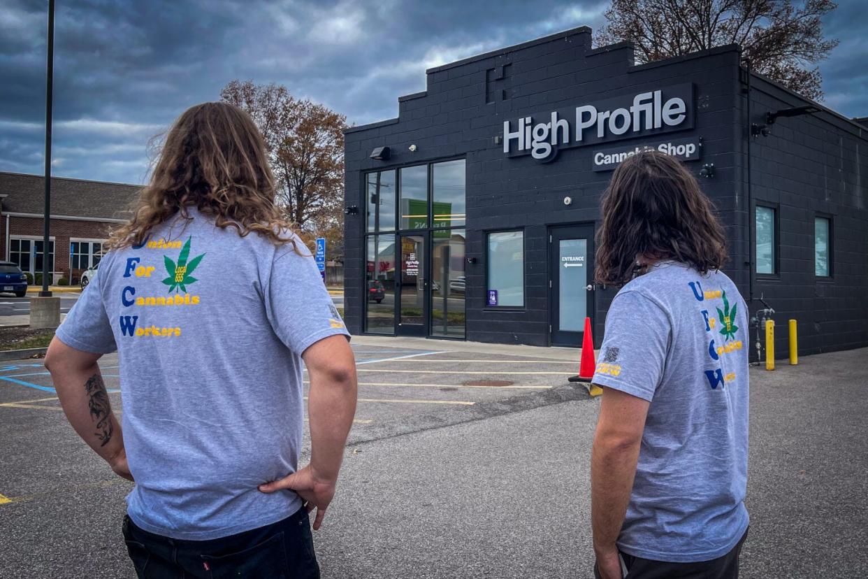 Sean Shannon, lead organizer with the United Food and Commercial Workers International Union Local 655 (left), and former budtender-turned-organizer Danny Foster visited marijuana dispensaries in eastern Missouri in November to talk to employees about unionizing.