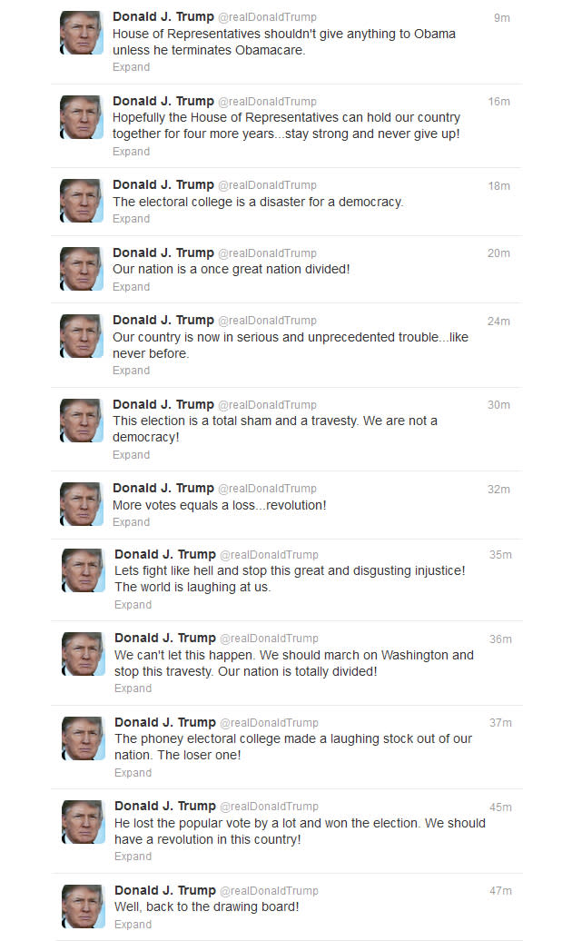 Donald Trump goes on a tweeting rampage over the election results. (Image from <a href="https://twitter.com/realDonaldTrump" rel="nofollow noopener" target="_blank" data-ylk="slk:@realDonaldTrump;elm:context_link;itc:0;sec:content-canvas" class="link ">@realDonaldTrump</a>/Twitter)