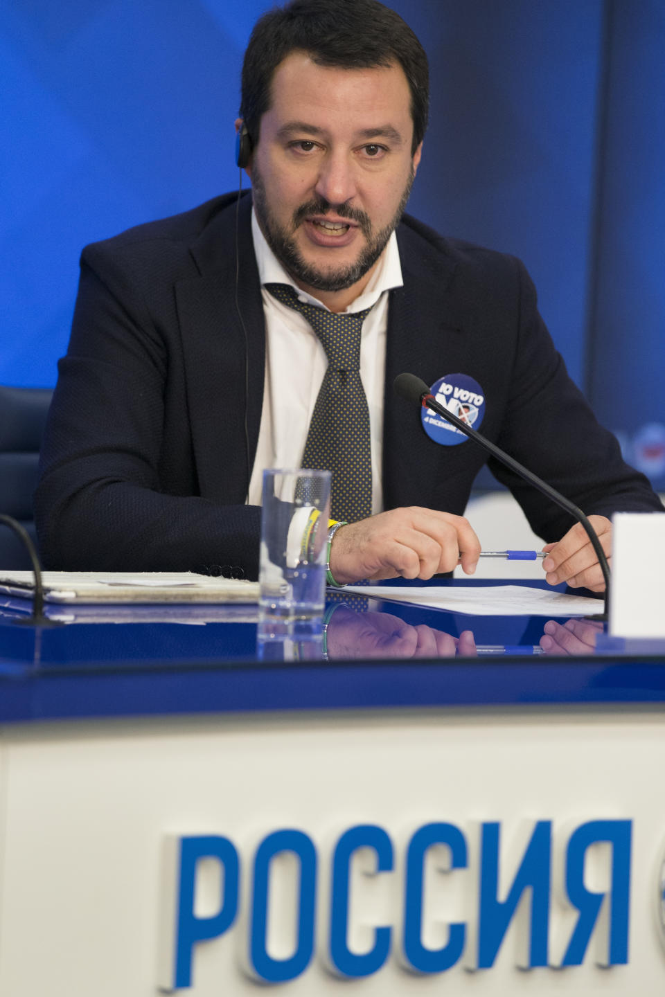 FILE - Italy's Northern League leader Matteo Salvini gestures as he speaks during a news conference at RIA Novosti news agency in Moscow, Russia in this Friday, Nov. 18, 2016 file photo. The 49-year-old League party leader had been the unchallenged face of right-wing leadership in Italy until Giorgia Meloni's far-right party took off. Italy will elect a new Parliament on Sept. 25. (AP Photo/Alexander Zemlianichenko, File)