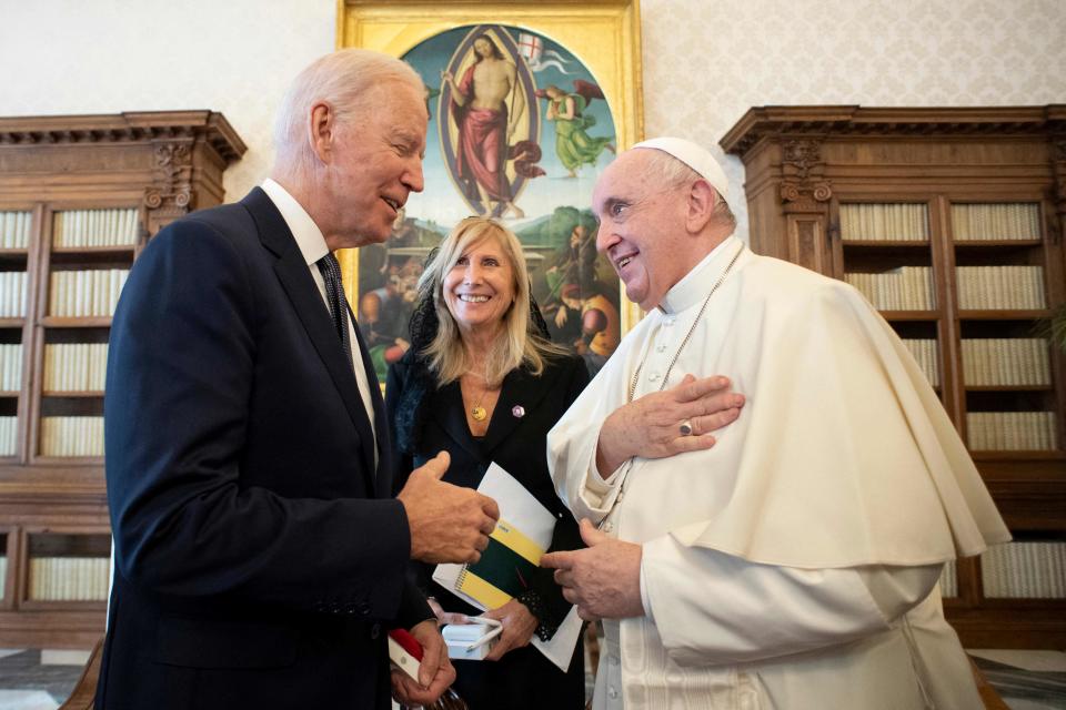 This handout photo by the Vatican Media shows Pope Francis meeting with President Joe Biden at the Vatican on Oct. 29, 2021.