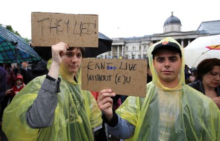 Pro-European Union protestors gather in Trafalgar Square, London, Britain, June 28, 2016. REUTERS/Paul Hackett