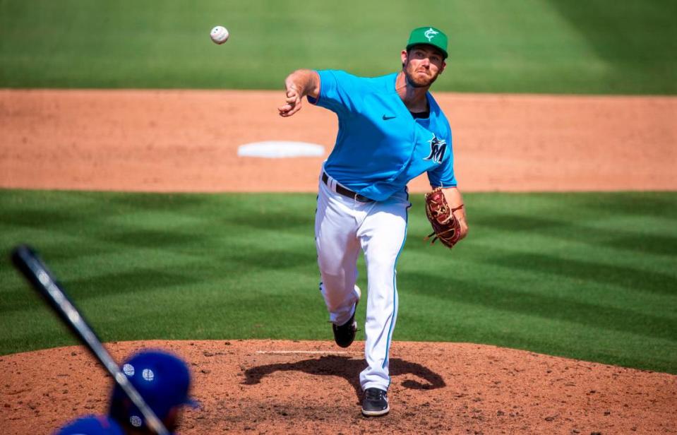 Miami Marlins pitcher Anthony Bender (80) pitches against the New York Mets during the ninth inning of their spring training baseball game at Roger Dean Chevrolet Stadium on Wednesday, March 17, 2021 in Jupiter, Florida.