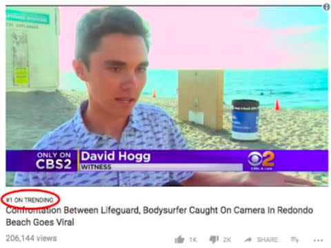 A video suggesting David Hogg is a paid actor reached No. 1 on YouTube's trending page on Wednesday. (Photo: YouTube)