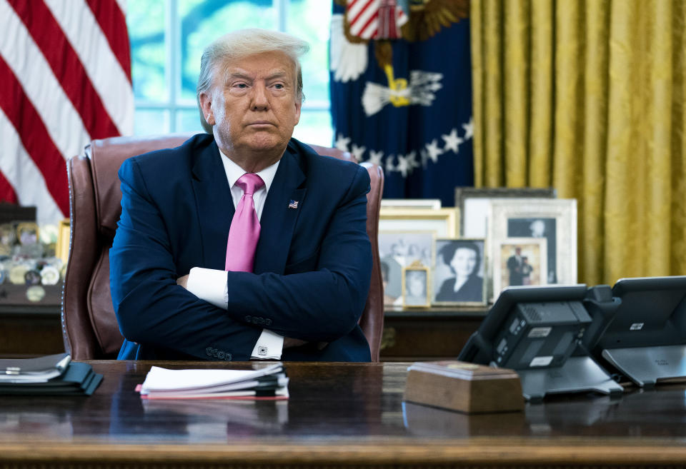 President Donald Trump talks to reporters while hosting Republican Congressional leaders and members of his cabinet in the Oval Office at the White House July 20, 2020 in Washington, DC. Trump and his guests talked about a proposed new round of financial stimulus to help the economy during the ongoing global coronavirus pandemic. 