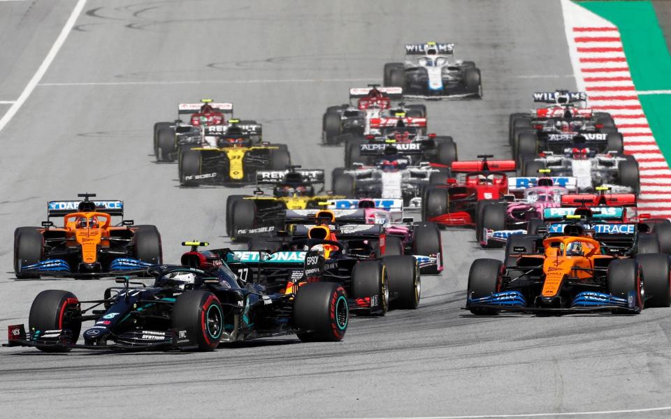 Mercedes driver Valtteri Bottas of Finland leads after the start during the Austrian Formula One Grand Prix at the Red Bull Ring racetrack in Spielberg, Austria, Sunday, July 5, 2020 - AP Photo/Darko Bandic