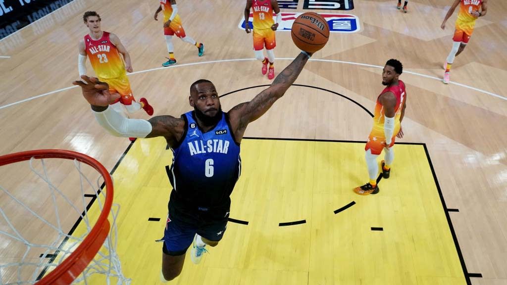  LeBron James #6 of the Los Angeles Lakers dunks during the first quarter in the 2023 NBA All Star Game between Team Giannis and Team LeBron at Vivint Arena on February 19, 2023 . 