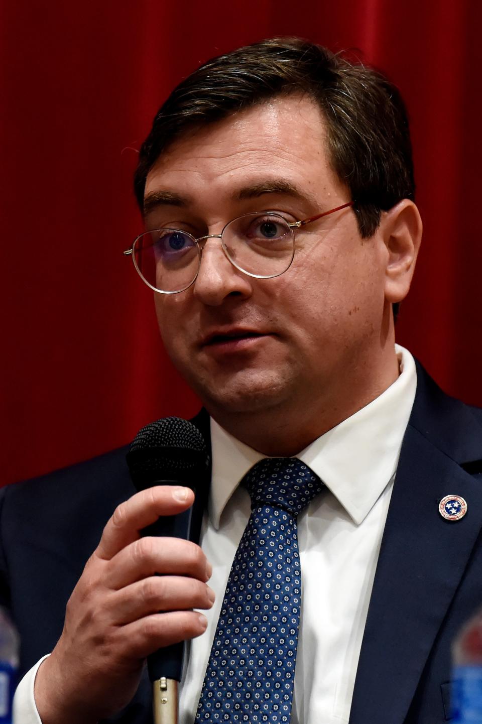 Tennessee Attorney General Jonathan Skrmetti speaks about the impact of social media has on children and families during a town hall meeting on Thursday, March 2, 2023, in Clarksville, Tenn. 