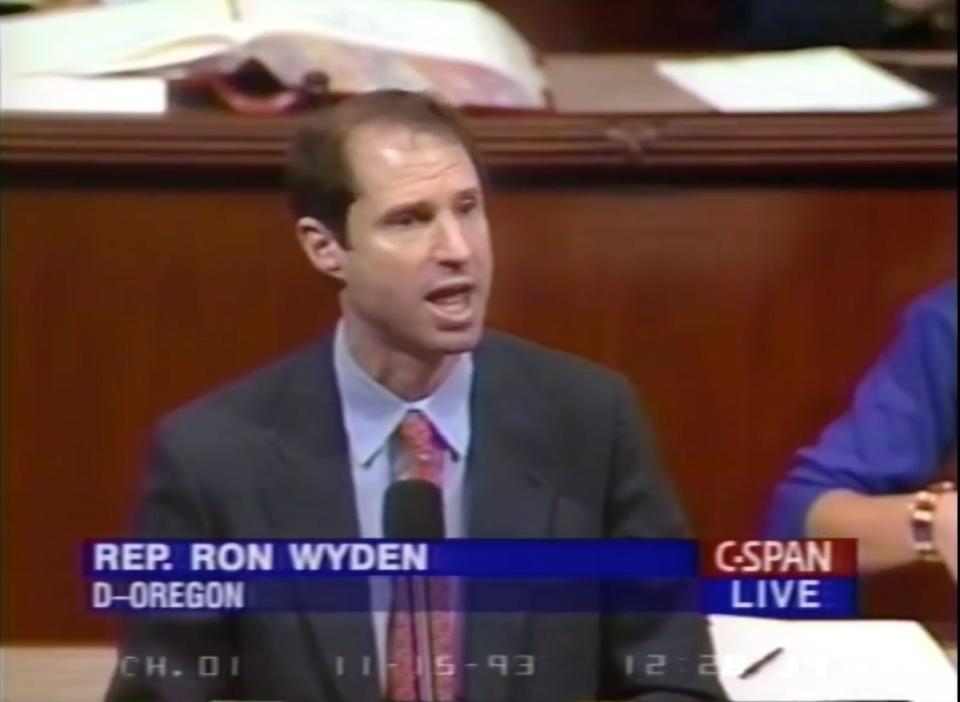 Rep. Ron Wyden (D-OR), now a US Senator, speaks on the House floor in support of NAFTA in 1993. (CSPAN) 