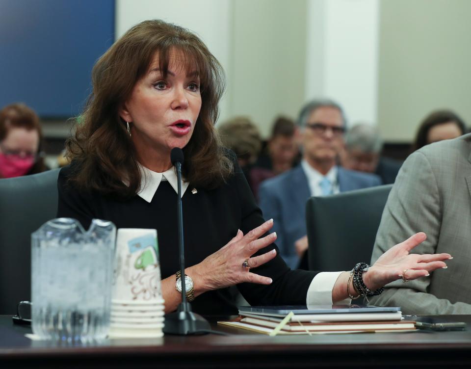 Addia Wuchner, executive director of Kentucky Right to Life, testified in support of a bill that would ban abortion after 15 weeks during a hearing before the Senate Judiciary Committee at the Capitol Annex in Frankfort on March 10, 2022.