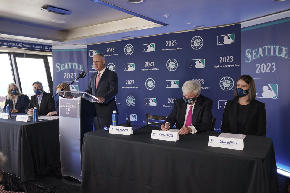 Baseball Commissioner Rob Manfred speaks during a news conference, Thursday, Sept. 16, 2021, at the Space Needle in Seattle. Manfred announced that the Seattle Mariners will host the 2023 MLB All-Star Game at T-Mobile Park. (AP Photo/Ted S. Warren)