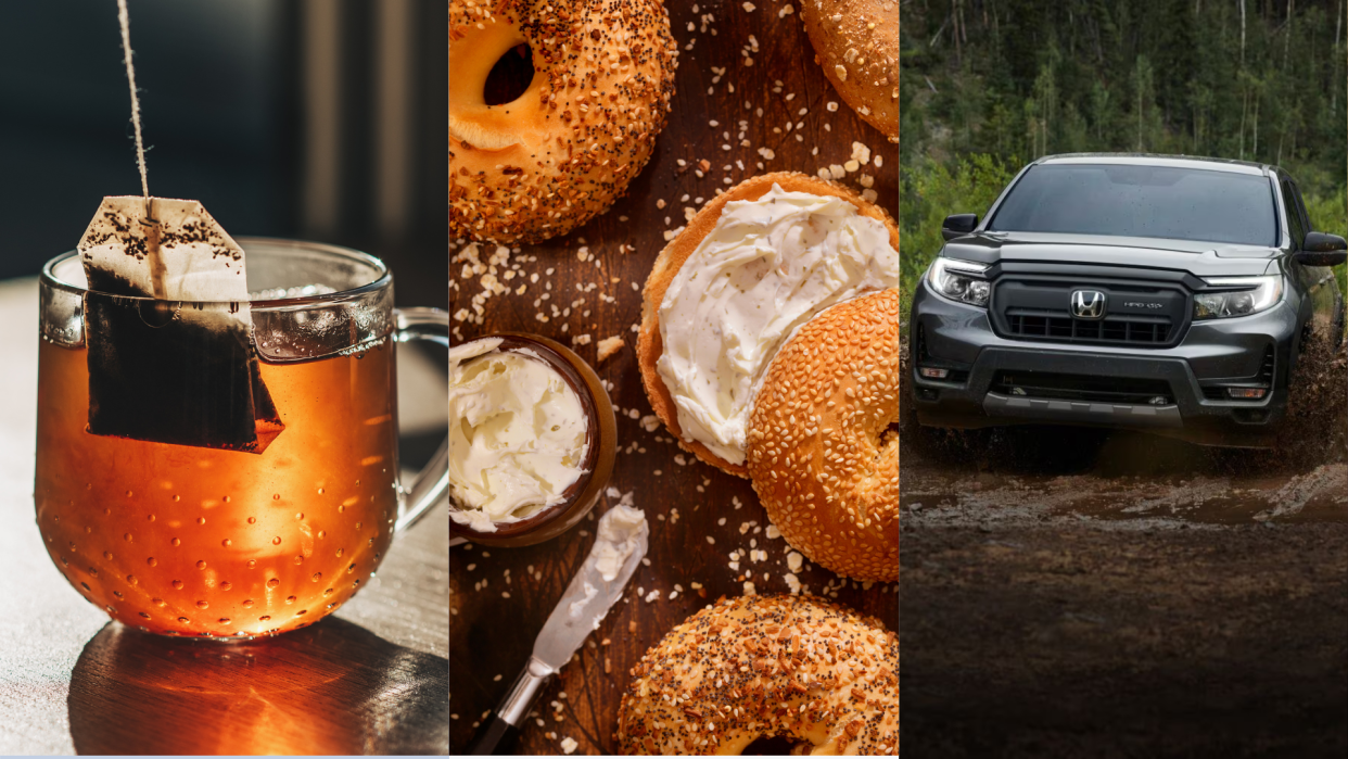 Tea and tea bag, bagels and cream cheese, Honda Ridgeline truck