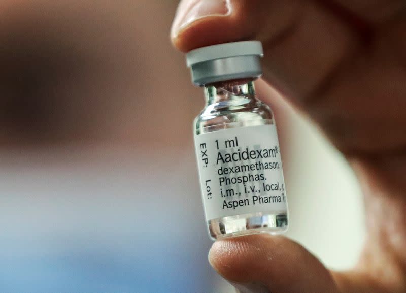 A pharmacist displays an ampoule of Dexamethasone at the Erasme Hospital amid the coronavirus disease (COVID-19) outbreak, in Brussels