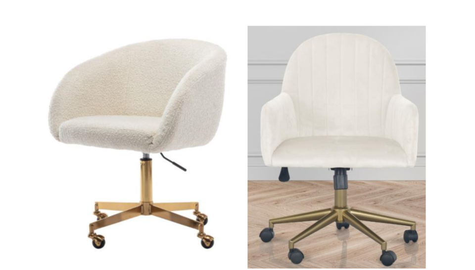 at left, a cream Life Interiors Avalon Boucle Office Chair; at right a cream Luxo Living Darren Velvet Office Chair, $159