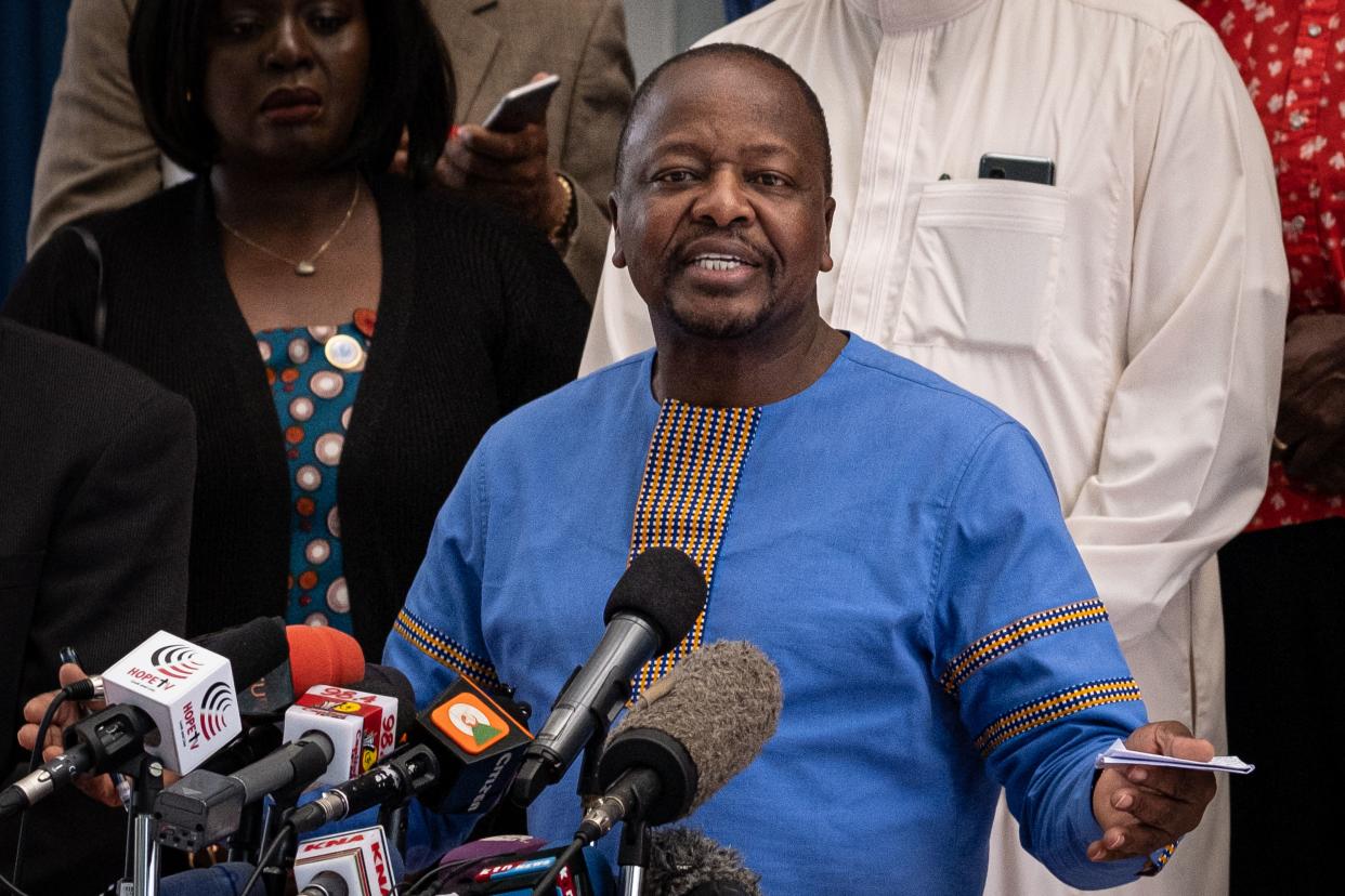 Kenya's Minister of Health Mutahi Kagwe announces the first COVID-19 coronaviurs case in Kenya, a 27 year-old Kenyan woman came from the US, at the press conference in Harambee house in Nairobi, Kenya, on March 13, 2020. (Photo by Yasuyoshi CHIBA / AFP) (Photo by YASUYOSHI CHIBA/AFP via Getty Images)