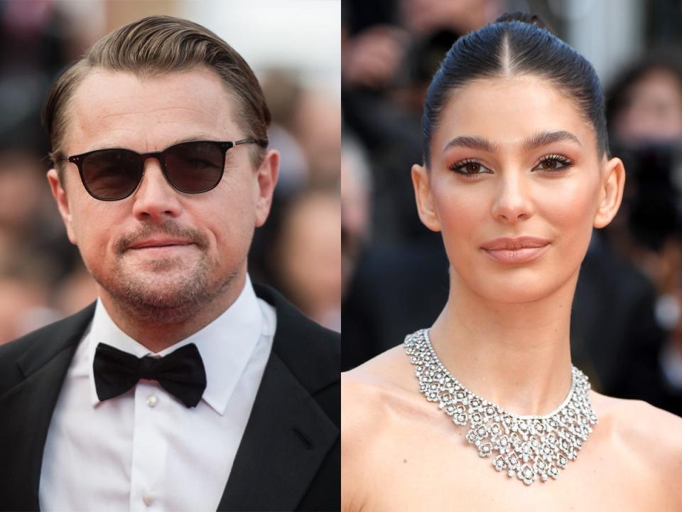 A side-by-side image of Leonardo Caprio, in a tuxedo and dark sunglasses, and Camila Morrone, in a strapless gown and diamond necklace.