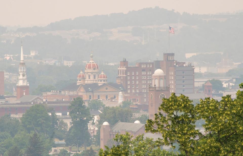 Looking north from Reservoir Park across the skyline of York, the hills are almost not visible through the polluted air. 'Very unhealthy' air quality reported in central PA from smoke from Canadian fires.