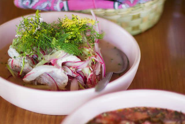 <p>COSIMO SALVATI/COURTESY OF ARCA TIERRA</p> Visits to Arca Tierra include a farm-sourced meal, such as this ceviche served with fresh purple-corn tortillas.