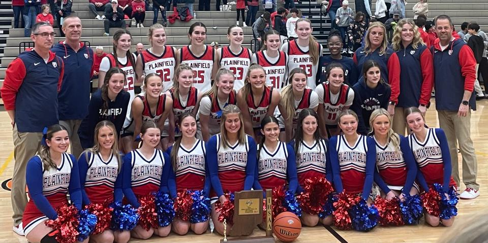 Plainfield girls basketball team poses with the Class 4A Sectional 12 trophy after beating Terre Haute North in Saturday's final at Avon.