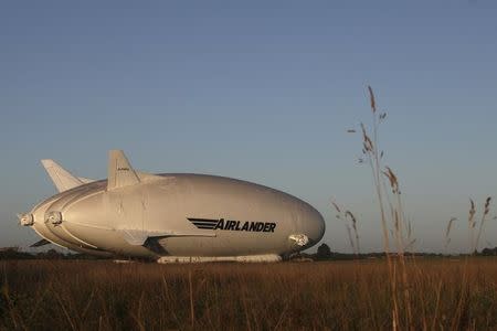 The Airlander 10 hybrid airship is seen after it recently left the hangar for the first time to commence ground systems tests before its maiden flight, at Cardington Airfield in Britain August 9, 2016. REUTERS/Gareth Bumstead