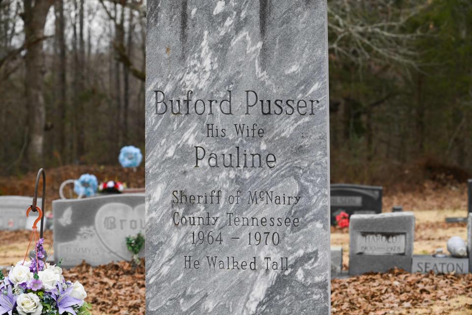 The gravestone of Buford and Pauline Pusser photographed at Adamsville Cementery in Adamsville, Tenn., on Thursday, Feb. 8, 2024.