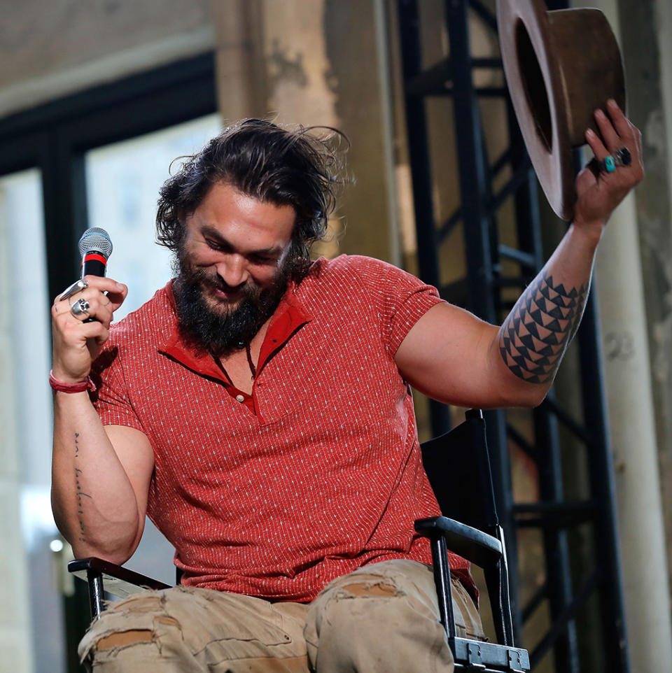 Jason Momoa smiles while promoting his movie Road to Paloma in 2014