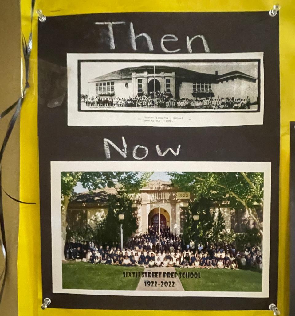 A "100-Year Anniversary Timeline" inside Sixth Street Prep shows photo comparisons of the historic school located in downtown Victorville.