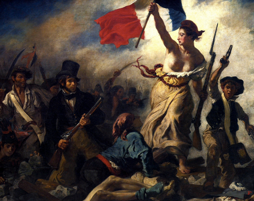 <span class="caption">Liberté, egalité, fraternité: Eugene Delacroix's Liberty Leading the People – the female symbol of the French republic, and one of its three founding principles.</span> <span class="attribution"><a class="link " href="https://upload.wikimedia.org/wikipedia/commons/a/ac/Eugène_Delacroix_-_La_liberté_guidant_le_peuple_%28cropped%29.jpg" rel="nofollow noopener" target="_blank" data-ylk="slk:The Louvre/Wikipedia;elm:context_link;itc:0;sec:content-canvas">The Louvre/Wikipedia</a></span>