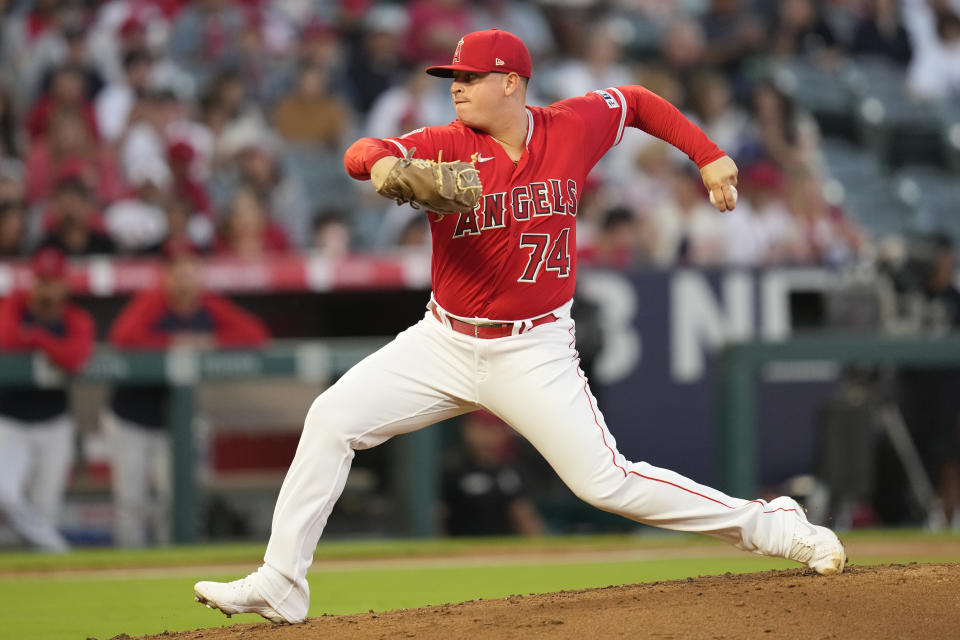 Los Angeles Angels starting pitcher Jhonathan Diaz (74) throws during the second inning of a baseball game against the Cleveland Guardians in Anaheim, Calif., Thursday, Sept. 7, 2023. (AP Photo/Ashley Landis)